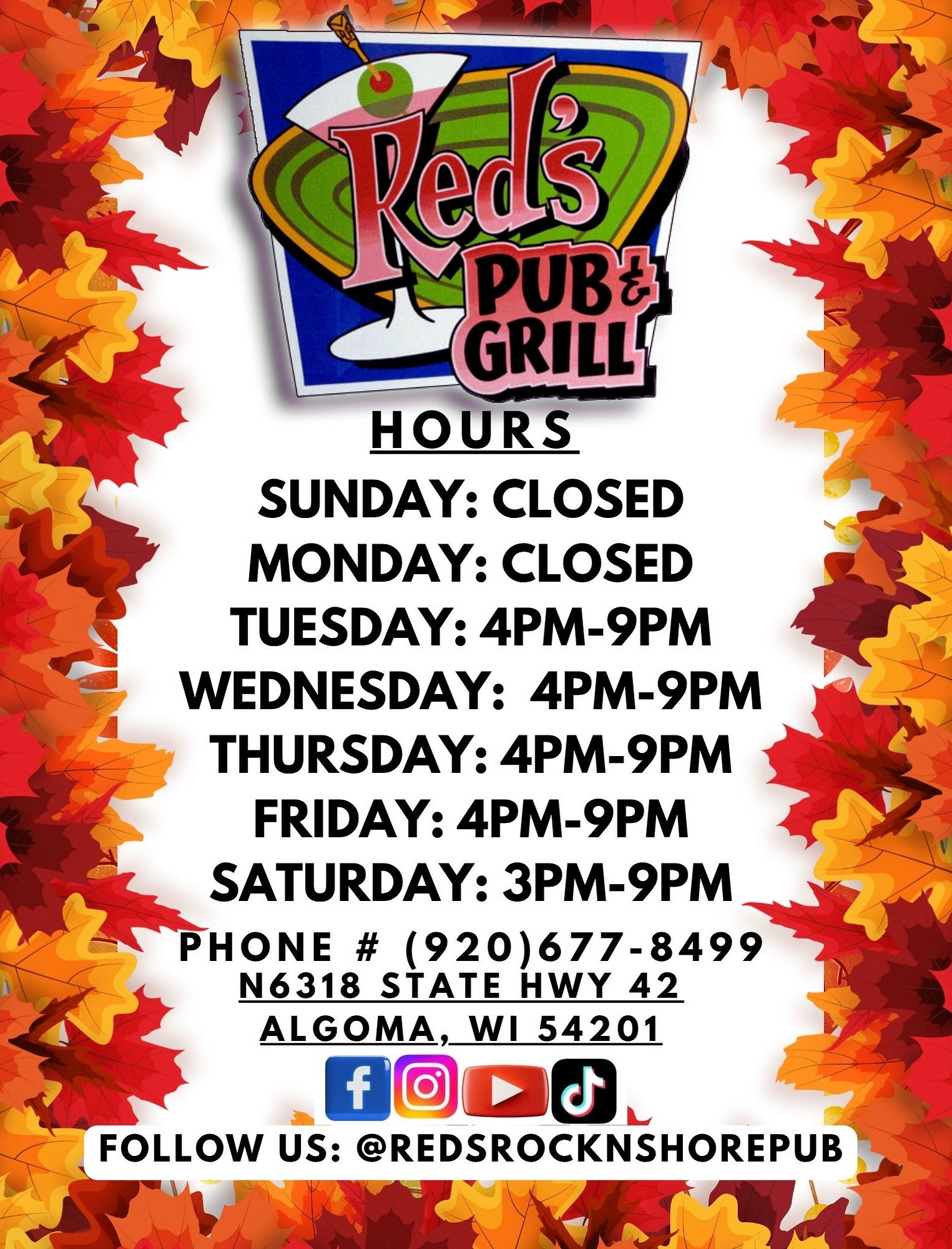 Red's Pub and Grill Fall 2025 Hours