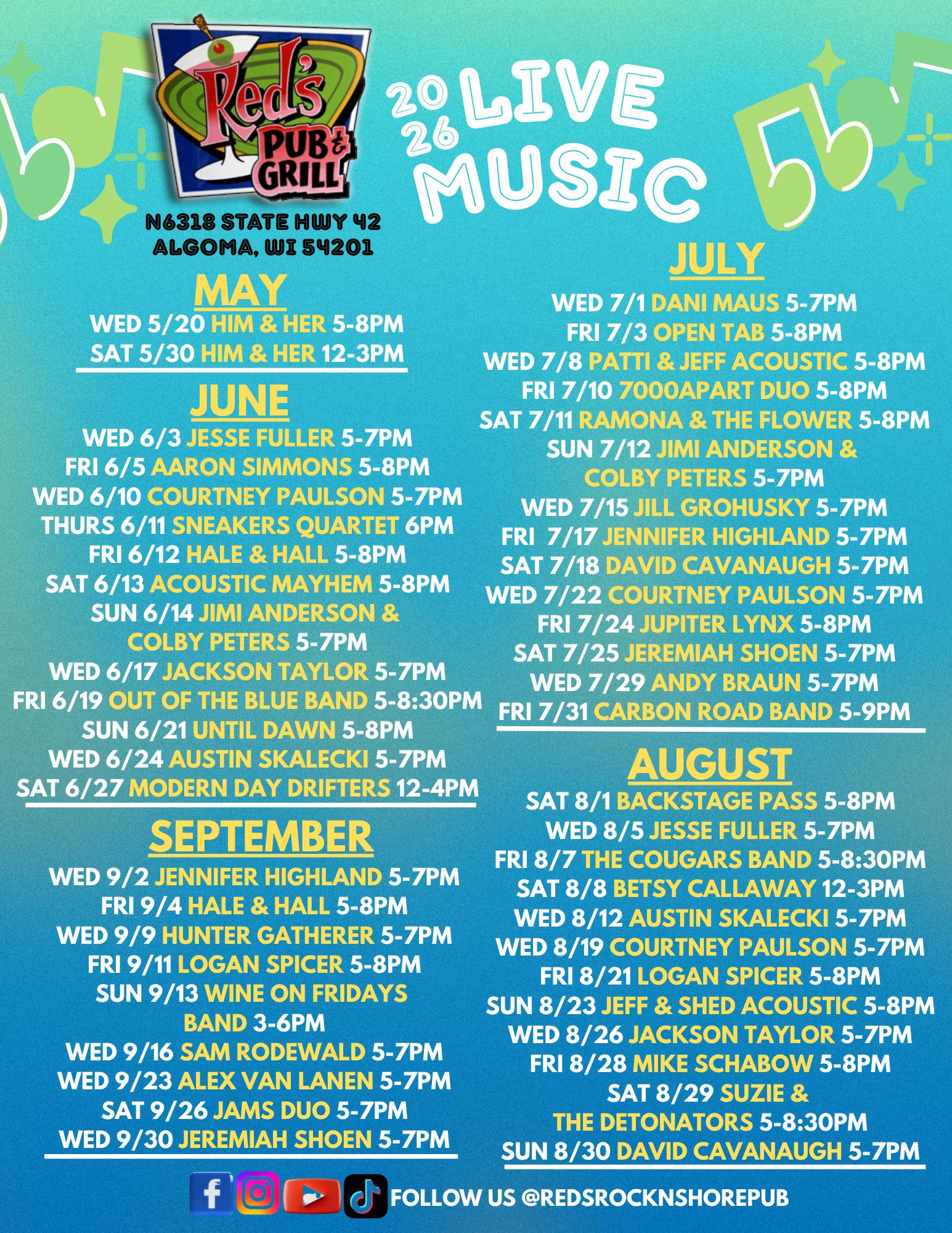 Red’s Pub & Grill Music Lineup_2026 